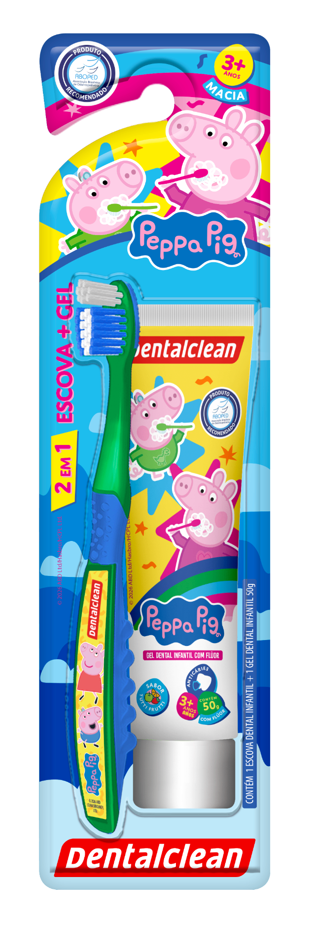 Kit Dentalclean Peppa Pig 2 em 1 — Escova + Gel Dental 50g (Verde/George)
