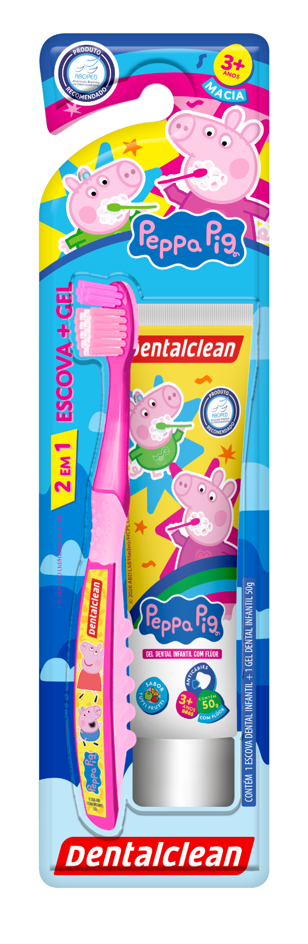 Kit Dentalclean Peppa Pig 2 em 1 — Escova + Gel Dental 50g (Rosa)