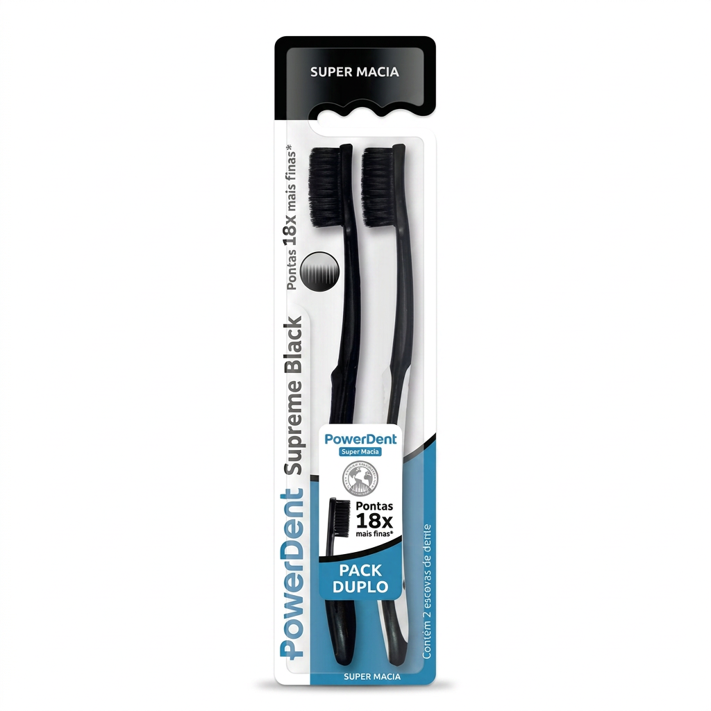 Escova de Dentes Powerdent Supreme Black — Pack 2 un.